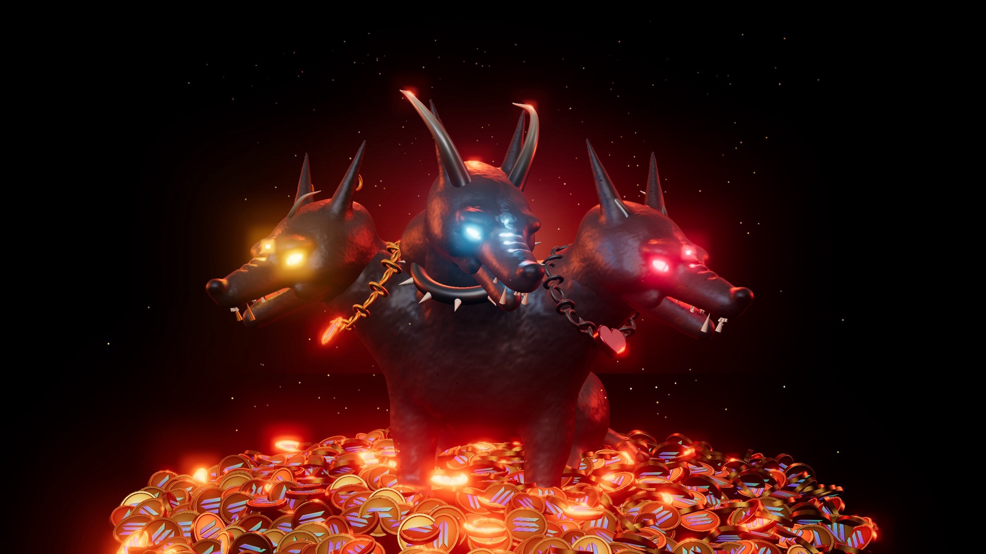Cerbo, the three-headed guard dog, on its hoard of SOL